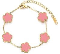 Four Leaf Clover Bracelet for Women 18K Gold Plated Stainless Steel Lucky 4 Leaf Gold Link Bracelet Jewelry Gift for Women (Pink)