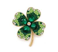 Four-Leaf Clover Brooch Pin, Green Rhinestone, Gold Tone