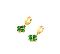 Four Leaf Clover Dangling Hoop Earrings for Women Girls - Gold-Plated Stainless Steel, Emerald Heart Glass Stone Dangle Jewellery