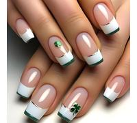 Four-leaf Clover French Fake Nails, 2025 St. Patrick's Day Four-leaf Clover False Nails,Green Edge French Press on Nails with Glue,Medium Long Fake Nails Glossy,Spring Long Lasting Full Cover Tip