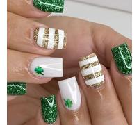 Four-leaf Clover French Fake Nails, 2025 St. Patrick's Day Four-leaf Clover False Nails,Striped Gold & White Press on Nails with Glue,Medium Long Fake Nails Glossy,Spring Long Lasting Full Cover Tip