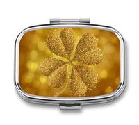 Four-Leaf Clover Glittering Gold Stars Pill Box 2 Compartment Portable Medicine Pill Case Travel Pill Organizer for Pocket Purse