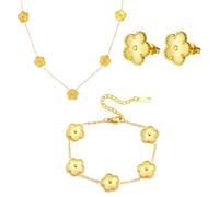 Four Leaf Clover Jewellery Set for Women and Girls, Double-Sided Pendant, Necklace, Stud Earrings, Bracelet, Four Leaf Jewellery, Happy Five-Leaf Clover Jewellery Set for Gifts, Golden