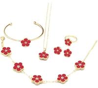 Four-Leaf Clover Jewelry Set, Titanium Steel Necklace Stud Earrings Bracelet Set Dainty Enamel Jewelry Set for Women Teen Girls(Plum Flower Red)