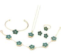 Four-Leaf Clover Jewelry Set, Titanium Steel Necklace Stud Earrings Bracelet Set Dainty Enamel Jewelry Set for Women Teen Girls(Plum Flower Green)