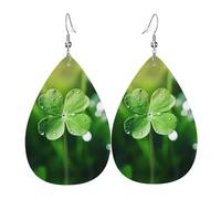 four-leaf clover Pattern leather earrings | Water drop-shaped printed earrings, suitable for daily/party/dating scenes