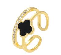 Four Leaf Clover Ring for Women, Four Leaf Clover Flower Ring for Women, Lucky Four-Leaf Clover Cubic Zirconia Adjustable Double Layer Open Ring (Black)
