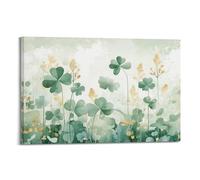 Four-Leaf Clover Watercolor Canvas Wall Art, Abstract Green Gold Hanging Paintings, Spring Floral Plant Art for Modern Living Room Home Decor 16x24inch(40x60cm)