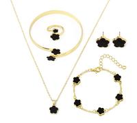 Four-Leaf Lucky Clover Jewellery Set 5 Pieces Adjustable Lucky Five-Leaf Clover Alloy Jewellery Set Four Leaf Necklace Rings Stud Earrings Bangle Bracelet Set for Gift, Black