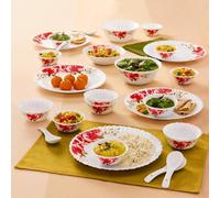 Four Leaf Rose Red Silk Series Opalware Floral Dinner Set | 27 Pieces for Family of 6 | Microwave & Dishwasher Safe | Bone-Ash Free | Crockery Set for Dining & Gifting | Plates & Bowls | White