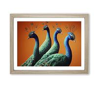 Four Peacocks Framed Print | A2 Oak Framed Wall Art | Ready to Hang | Modern Animal Picture | Living Room Bedroom Lounge Office