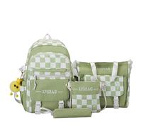 Four-piece Set Kawaii Daypack with Cute Pendants Aesthetic Checkered Backpack Harajuku Student School Bag, Green