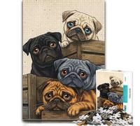 Four Pugs in Wooden Crates Picture Wood Puzzle, Adults, 1000 Pieces | Border-first building - a simple way to organise the image at your own pace.