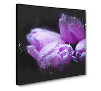 Four Purple Tulips Paint Splash Canvas Print | Gallery Wrapped 30mm Frame Wall Art | 14x14 inches | Ready to Hang | Modern Floral Picture | Living Room Bedroom Lounge Office