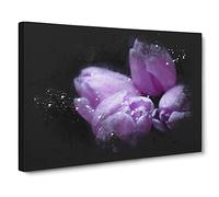 Four Purple Tulips Paint Splash Canvas Print | Gallery Wrapped 30mm Frame Wall Art | 24x16 inches | Ready to Hang | Modern Floral Picture | Living Room Bedroom Lounge Office