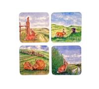 Four Rabbit Coasters Gift Set from original watercolour prints, based on a story of greedy rabbits on the Sussex South Downs