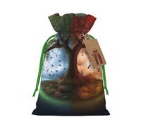 Four Season Tree of Life Printed Christmas Drawstring Bags Reusable Xmas Bag for Party Xmas Gift Wrapping, Green Ribbon, M