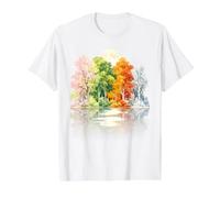 Four Seasons Forest Landscape Moon Reflection Nature Scenic Value Graphic T-Shirt, Men, White, L
