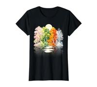 Four Seasons Forest Landscape Moon Reflection Nature Scenic Value Graphic T-Shirt, Women, Black, XS