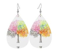 Four Seasons Spring Tree Print Leather Dangle Earrings for Women - Lightweight Teardrop Fashion Statement Earrings