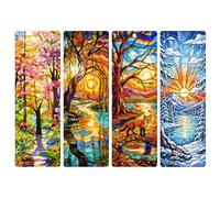 Four Seasons Stained Glass Bookmarks Set of 4 - Clear PVC Tree Landscape Design, Waterproof Bookmark for Nature Lovers, Spring Summer Fall Winter Art Book Accessories
