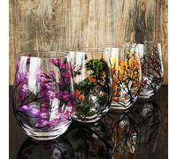 Four Seasons Tree Wine Glasses - Hand Painted Art, Spring Summer Winter Fall Colored Painted Glassware Decorative Wine Glasses Set, Unique Housewarming Gift (Stemless Glass, Set of 4, 520ml)