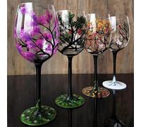 Four Seasons Tree Wine Glasses - Hand Painted Art Wine Glass, Spring Summer Winter Fall Colored Painted Glassware Decorative Wine Glasses Set, Unique Housewarming Gift (Stemmed Glass, Set of 4)