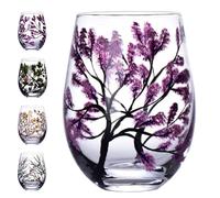 Four Seasons Tree Wine Glasses - Hand Painted Art Wine Glass, Spring Summer Winter Fall Colored Painted Glassware Decorative Wine Glasses Set, Unique Housewarming Gift (Stemless Glass, Single, Spring)