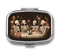 Four Skeletons Sitting at A Table Pill Box 2 Compartment Portable Medicine Pill Case Travel Pill Organizer for Pocket Purse