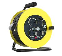 Four Socket Open Cable Reel Extension Lead with Winding Handle, Thermal Cut Out and Power Switch, 25 Metres High Visibility Cable (UK Plug Socket) 13A Fused Plug
