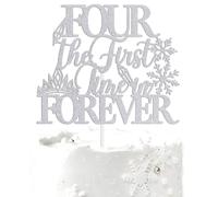 Four the First Time in Forever Cake Topper, Snowflake 4th Birthday Cake Decor, Winter Wonderland Princess Theme 4th Birthday Party Decorations Supplies Silver Glitter