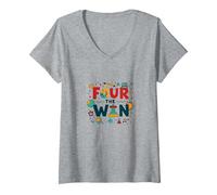 Four The Win: Playful Birthday for 4 Year Old Kids V-Neck T-Shirt, Women, Heather Grey, L