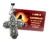 Four Way Catholic Italian Medal Necklace with USA Made Catholic ID Card - 1¼" Cruciform Cross Pendant on 30" Black Cord - Sacred Heart Jesus, St. Joseph, St. Christopher, Miraculous Medal Religious