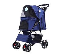 Four Wheel Pet Stroller, Strolling Cart Easy Fold with Removable Liner, Pet Trolley with Storage Basket + Cup Holder,for Dog Park,for The Outside (Blue)