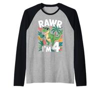 Four Years Old Dinosaur Funny 4th Birthday Kids Raglan Baseball Tee