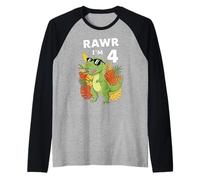 Four Years Old Dinosaur Funny 4th Birthday Kids Raglan Baseball Tee