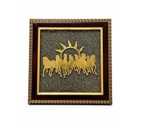 FourFaith 7 Running Horses Pyrite Stone Frame Wall Decor, Vastu Feng Shui Wealth & Success Symbol, Gold Horse Art Tabletop & Wall Hanging Home Office Decor, 7.5 x 7.5 Inch