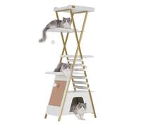 FourFurPets 72.4" Cat Tree, Modern Cat Tower for Indoor Cats, Multi-Level Cat Condo with Caves, Tall Cat Tree with Cat Scratching Board, Wooden Cat Tower with Large Perch, Removable Pads, White