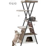 FourFurPets 72.4" Cat Tree, Modern Cat Tower for Indoor Cats, Multi-Level Cat Condo with Caves, Tall Cat Tree with Cat Scratching Board, Wooden Cat Tower with Large Perch, Removable Pads, Camel Brown