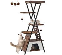 FourFurPets 72.4" Modern Cat Tower for Indoor Cats - Multi-Level Condo With Caves, Tall Tree With Scratching Board, Wooden Tower With Large Perch, Removable Pads, Rustic Brown