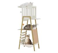 FourFurPets Modern Cat Tree, 58-Inch Cat Tower for Large Cats, Maine Coon Cat Tree with Scratching Board, Large Perch, Hammock and Removable Pads, White