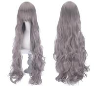 Fouriding 100cm/39Inch Long Wavy Wigs with Bangs for Women's,Natural Wavy Curly Hair Cosplay Full Wig for Halloween Cosplay Costume Party Daily Use Wigs (Gray)