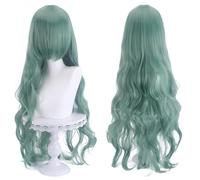 Fouriding 31.5" 80cm Long Wavy Hair Wig with Bangs for Womens,Natural Wavy Curly Cosplay Wigs for Cosplay Costume Party Halloween Daily Wig Use (Matcha Green)