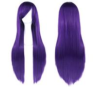 Fouriding 32" Dark Purple Women's Long Straight Full Wigs Costume Synthetic Hair Hairpieces with Oblique Bangs for Halloween Anime Cosplay Party Girl Women +Wig Cap