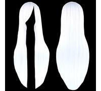 Fouriding 32" Pure White Women's Long Straight Full Wigs Costume Synthetic Hair Hairpieces with Oblique Bangs for Halloween Anime Cosplay Party Girl Women +Wig Cap