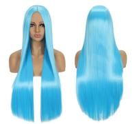 Fouriding 80cm Long Straight Hair Wig Cosplay Wig Center Parted Bangs for Womens Party Halloween Cosplay Costume Daily Wig Cos Headgear (Blue)