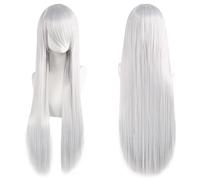 Fouriding 80cm Long Straight Hair Wig with Bangs,Womens Straight Cosplay Full Wigs Synthetic Hair for Halloween Cosplay Costume Party Daily Wig Use 39Inch (Silver White)