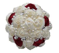 Fouriding Hand Made Customizable Ivory Wine Red Diamond Silk Roses Bridesmaid Bridal Durable Wedding Artificial Bouquets Pearls Crystal Silk Flowers Bride Holding Bouquets With Corsage Flower Dia 21cm