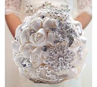 Fouriding Hand Made Diamond Pearl Satin Roses Bridesmaid Bridal Artificial Bouquets Customization Bride Holding Bouquet Wedding for Photo Shooting, Valentine's Day, Birthday,Creystal Creamy White