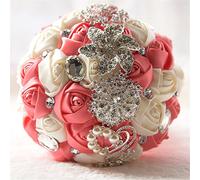 Fouriding Hand Made Diamond Pearl Satin Roses Bridesmaid Bridal Artificial Bouquets Customization Bride Holding Bouquet Wedding for Photo Shooting, Valentine's Day, Birthday,Watermelon Pink+ Creamy